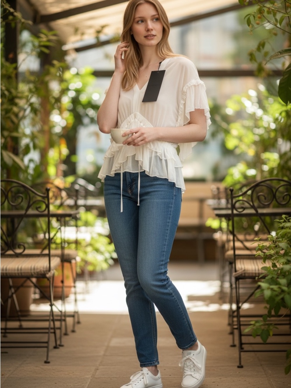 The Kooples Paris Women’s White Ruffle V-Neck Blouse - Picture 2 of 5